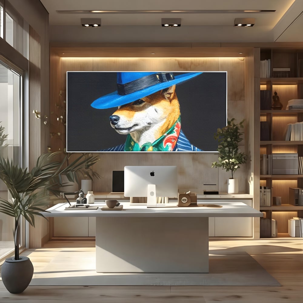 Tablou canvas cu pictura cu caine in costum si palarie, in rama de aluminiu argintiu, pe perete intr-un birou